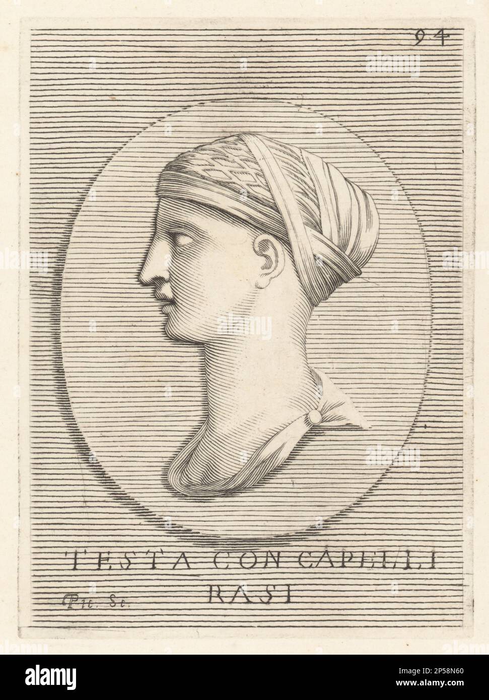 Bust on an unknown female with shaved head wrapped in headdress. Vestel Virgins, virgin acolytes at a Temple of Cassandra, or Lacedaemonian maidens all shaved their heads. Testa incognita con cepelli rasi. Copperplate engraving by Etienne Picart after Giovanni Angelo Canini from Iconografia, cioe disegni d'imagini de famosissimi monarchi, regi, filososi, poeti ed oratori dell' Antichita, Drawings of images of famous monarchs, kings, philosophers, poets and orators of Antiquity, Ignatio de’Lazari, Rome, 1699. Stock Photo