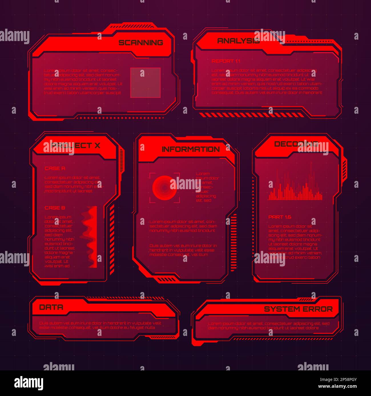 Red futuristic HUD or UI elements. Sci-fi user interface text boxes ...