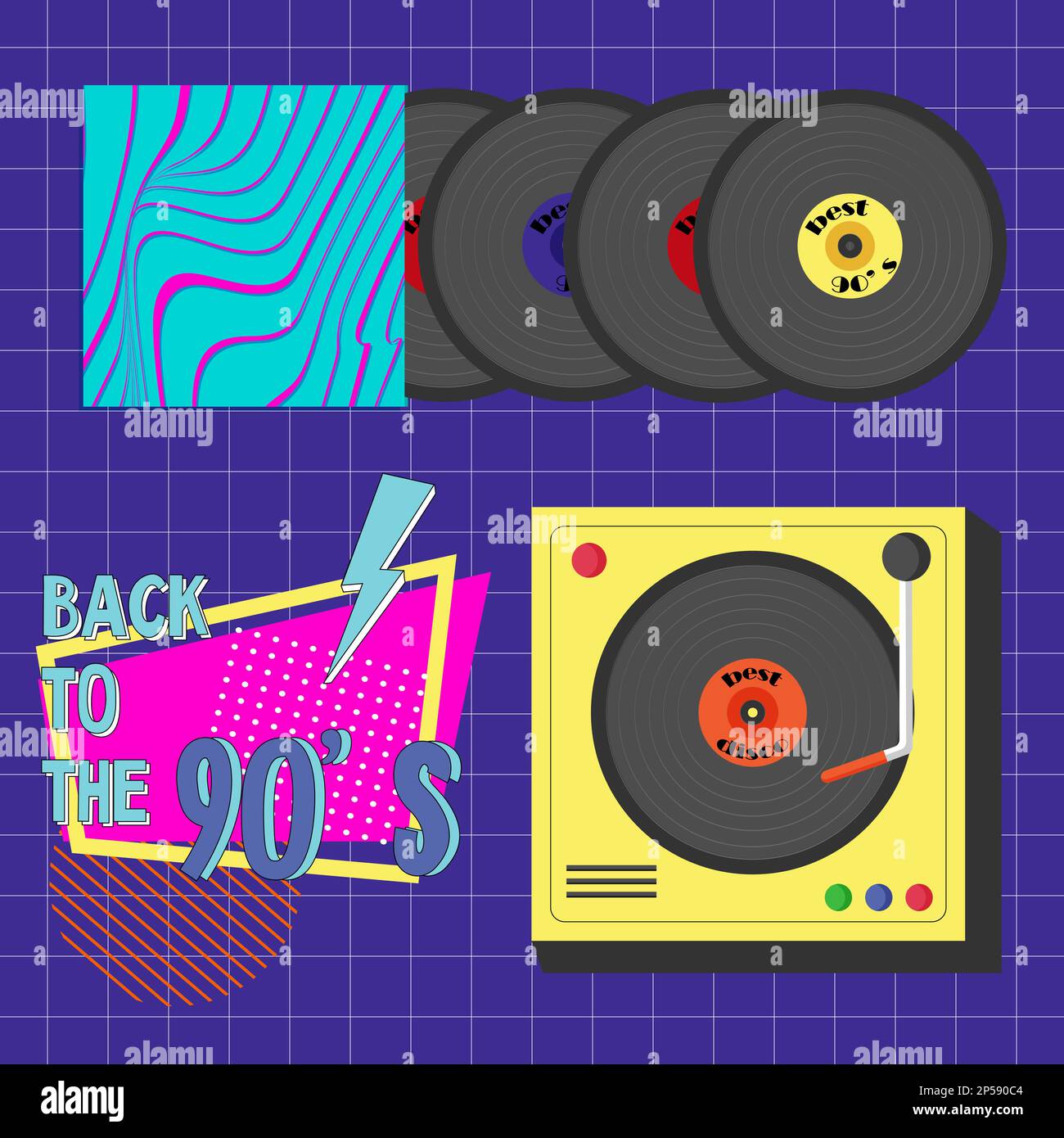 Record player and records with the best music. Retro poster