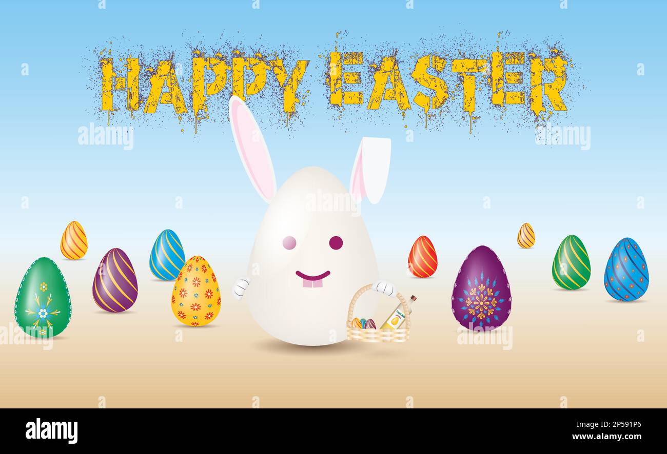 Easter Bunny in the shape of an egg bearing traditional Easter symbols