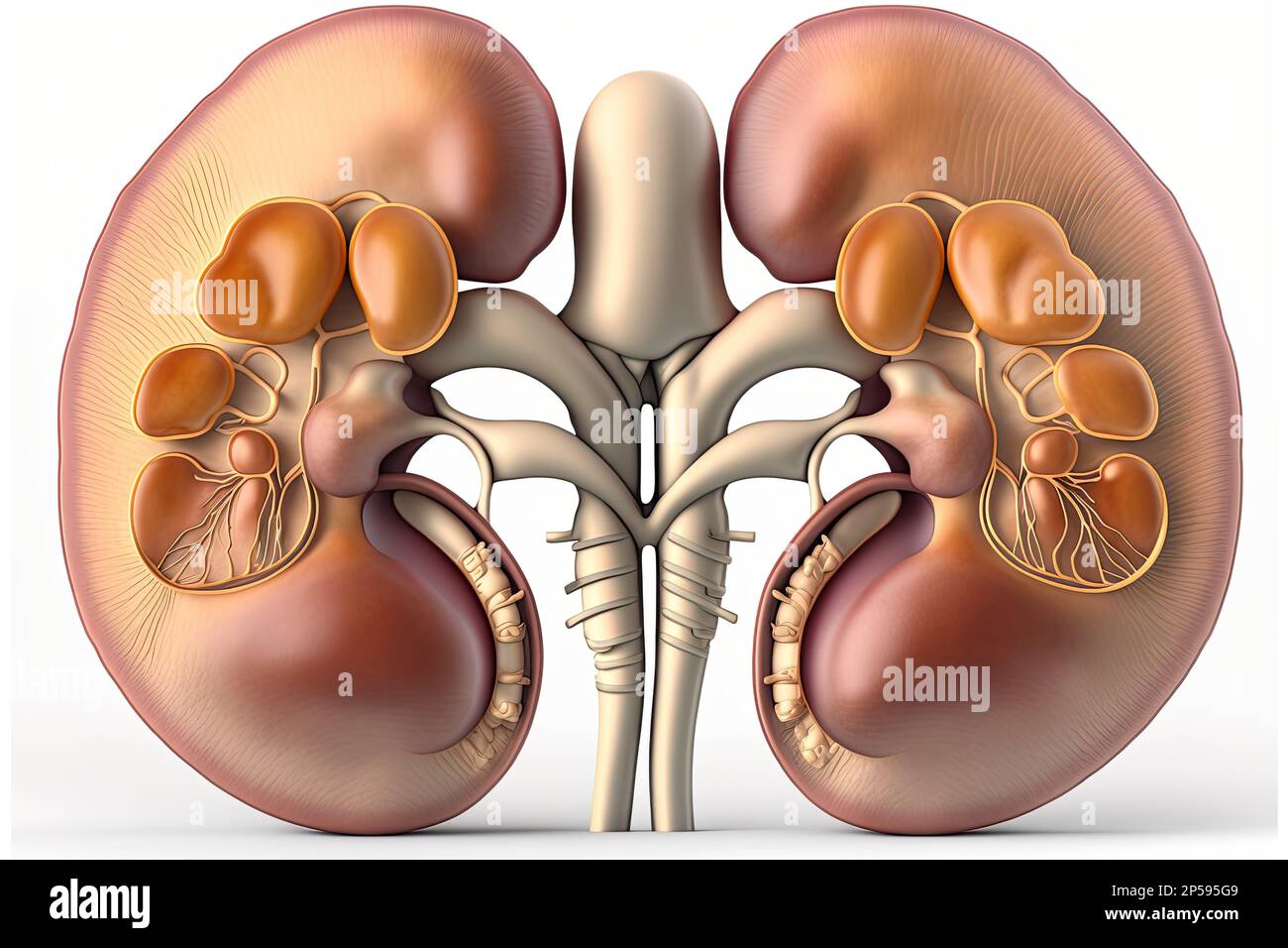 Realistic red healthy human kidneys front view close up isolated on