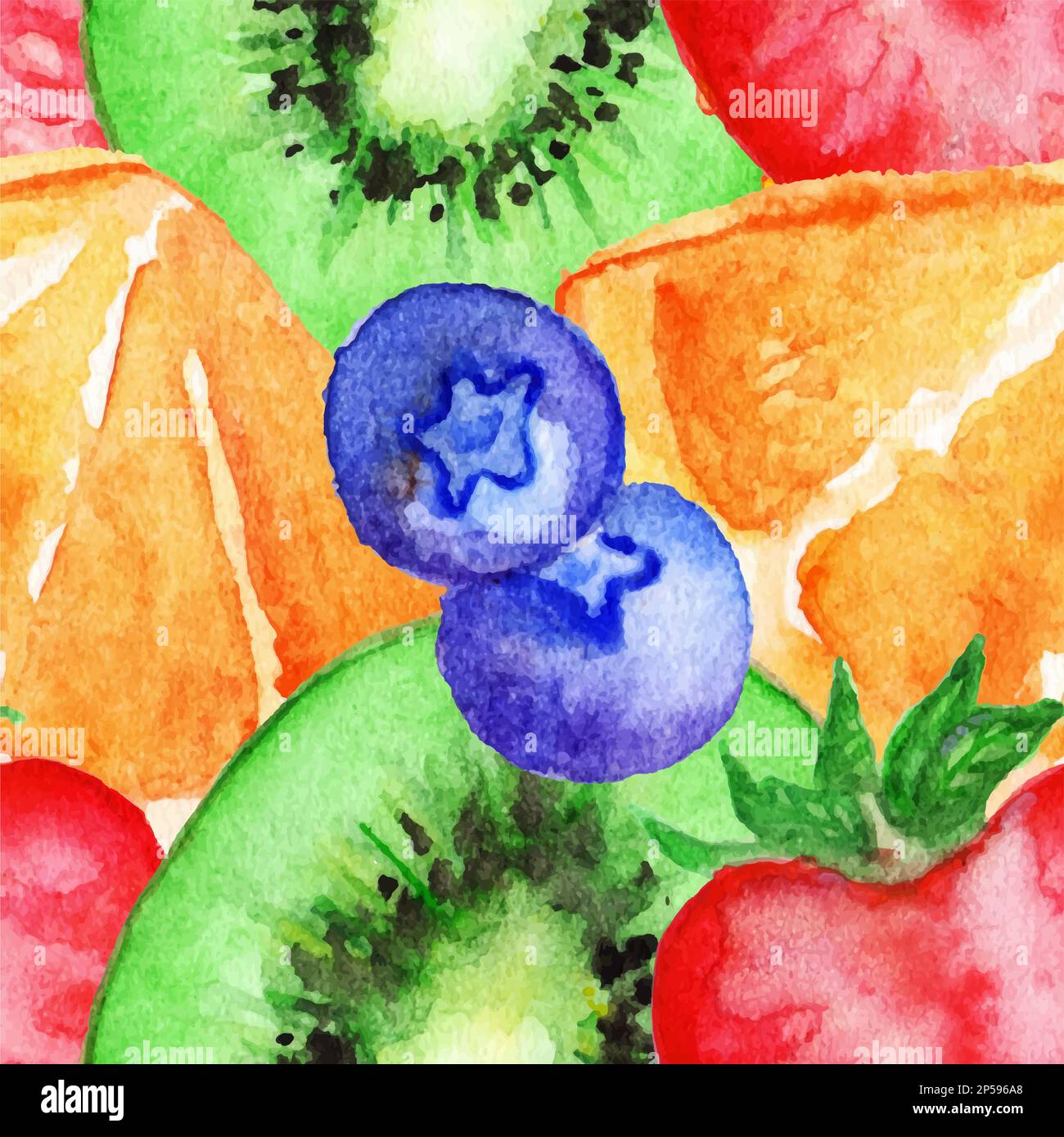 Watercolor kiwi orange strawberry blueberries fruit berry seamless pattern vector. Stock Vector