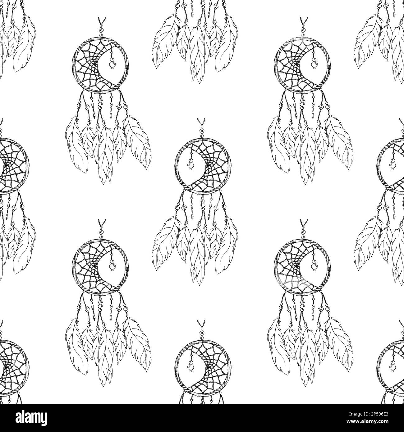 Monochrome ethnic hand made feather dream catcher seamless pattern vector. Stock Vector