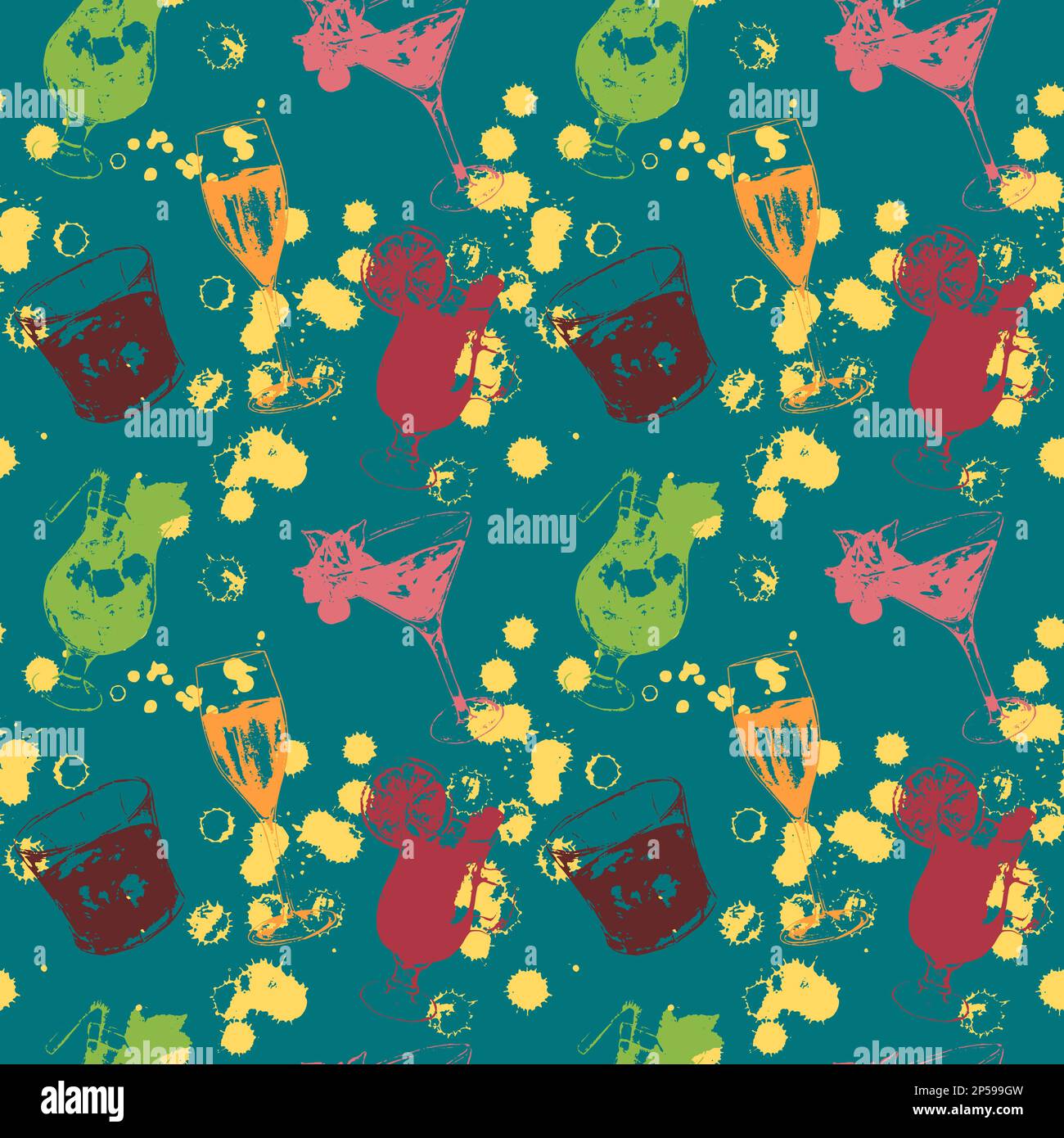 Sketched print art exotic drink alcohol cocktail seamless pattern texture background vector. Stock Vector