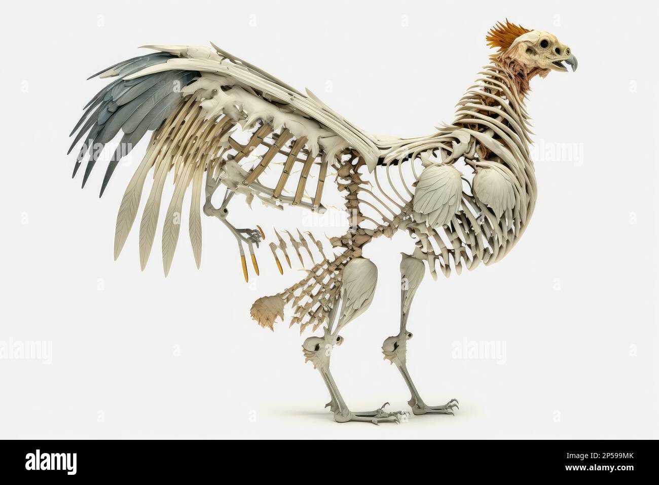 Chicken skeleton on white background with blue feathers on the tail