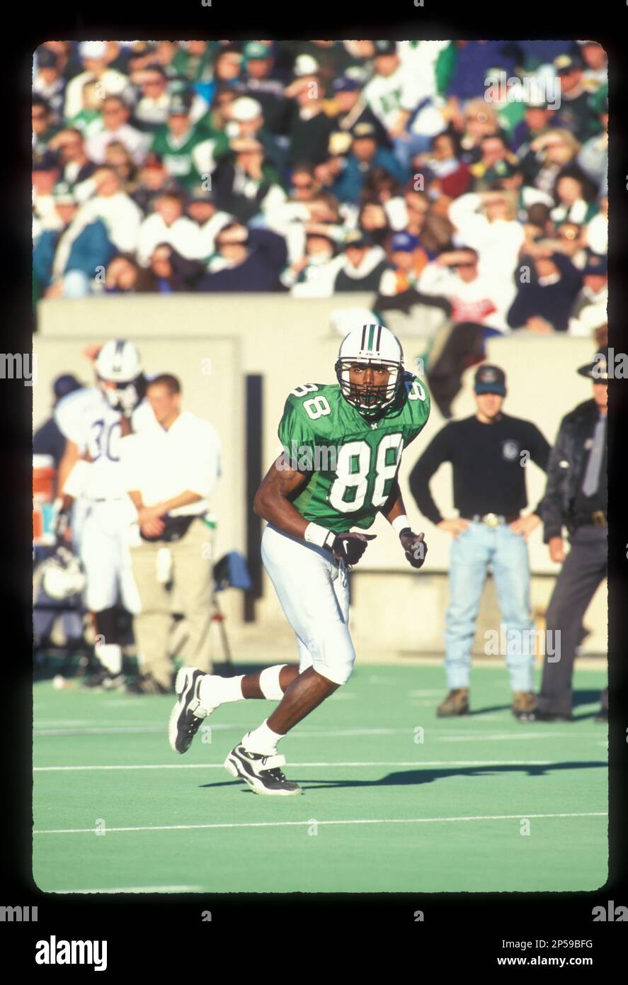 Randy Moss, Wide Receiver, shown in action during the 1996 season for the  Marshall University Thundering Herd. Moss played at Marshall in 1996 and  1997. He was chosen with the 21st pick