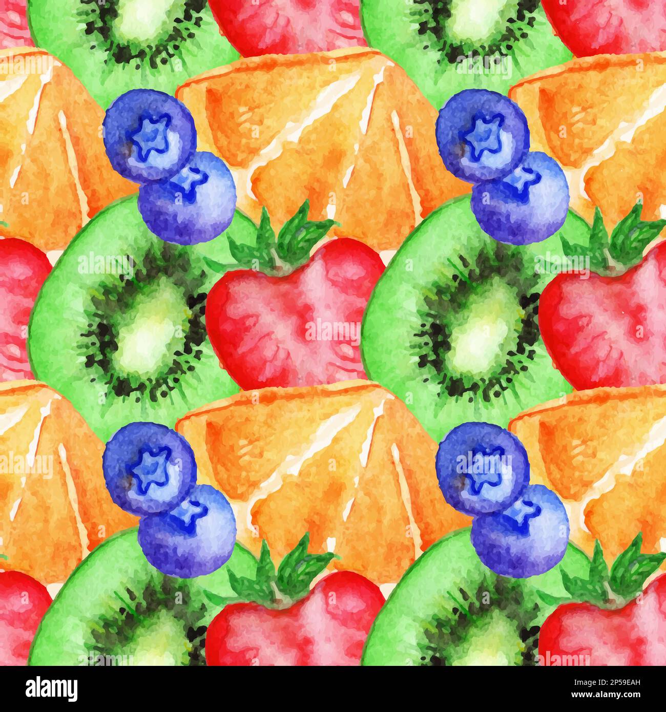 Watercolor kiwi orange strawberry blueberries fruit berry seamless ...