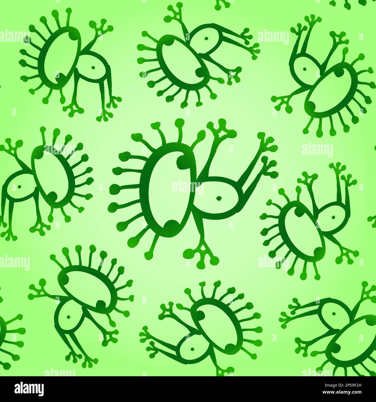 Green doodle alien frog seamless baby vector pattern background texture. Stock Vector