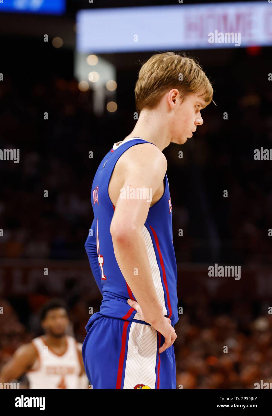 AUSTIN, TX - MARCH 04: Kansas Jayhawks guard Grady Dick (4) looks on  against the Texas Longhorns during the game at the Moody Center in Austin,  TX on March 04, 2023. (Photo