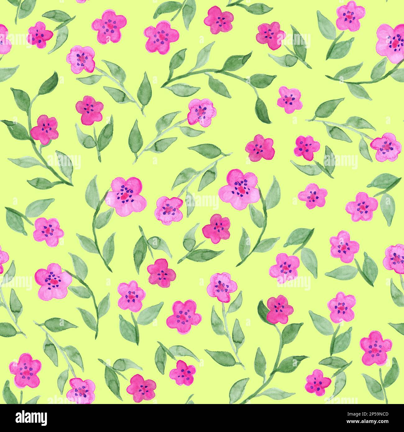 Watercolor flower floral pink green seamless pattern background Stock