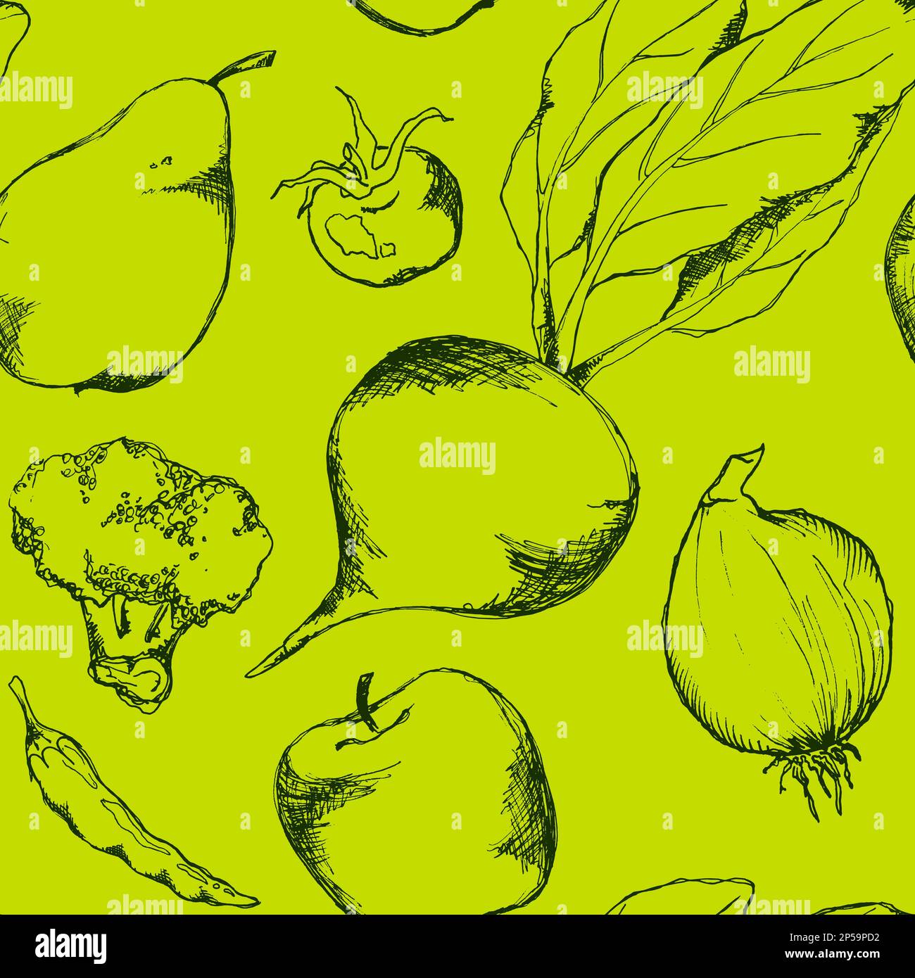 Vegetable fruit monochrome ink hand drawn seamless pattern texture background vector. Stock Vector
