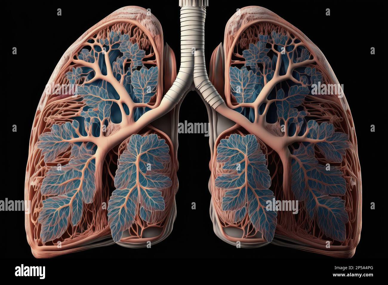 Imaginative illustration of human lungs with blue leaves growing inside