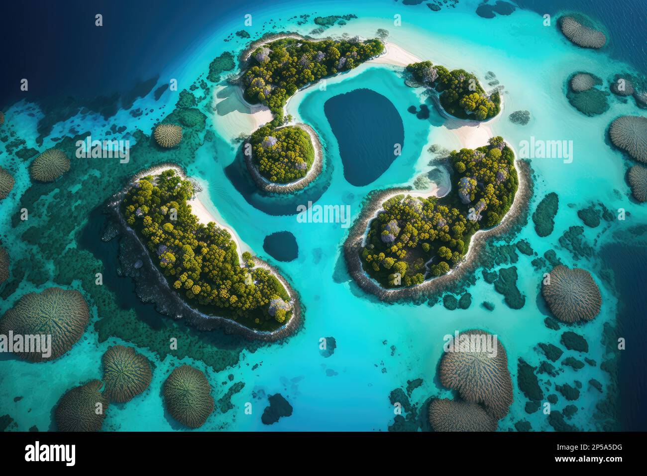 3D render tiny little islands, archipelago, aerial image Stock Photo