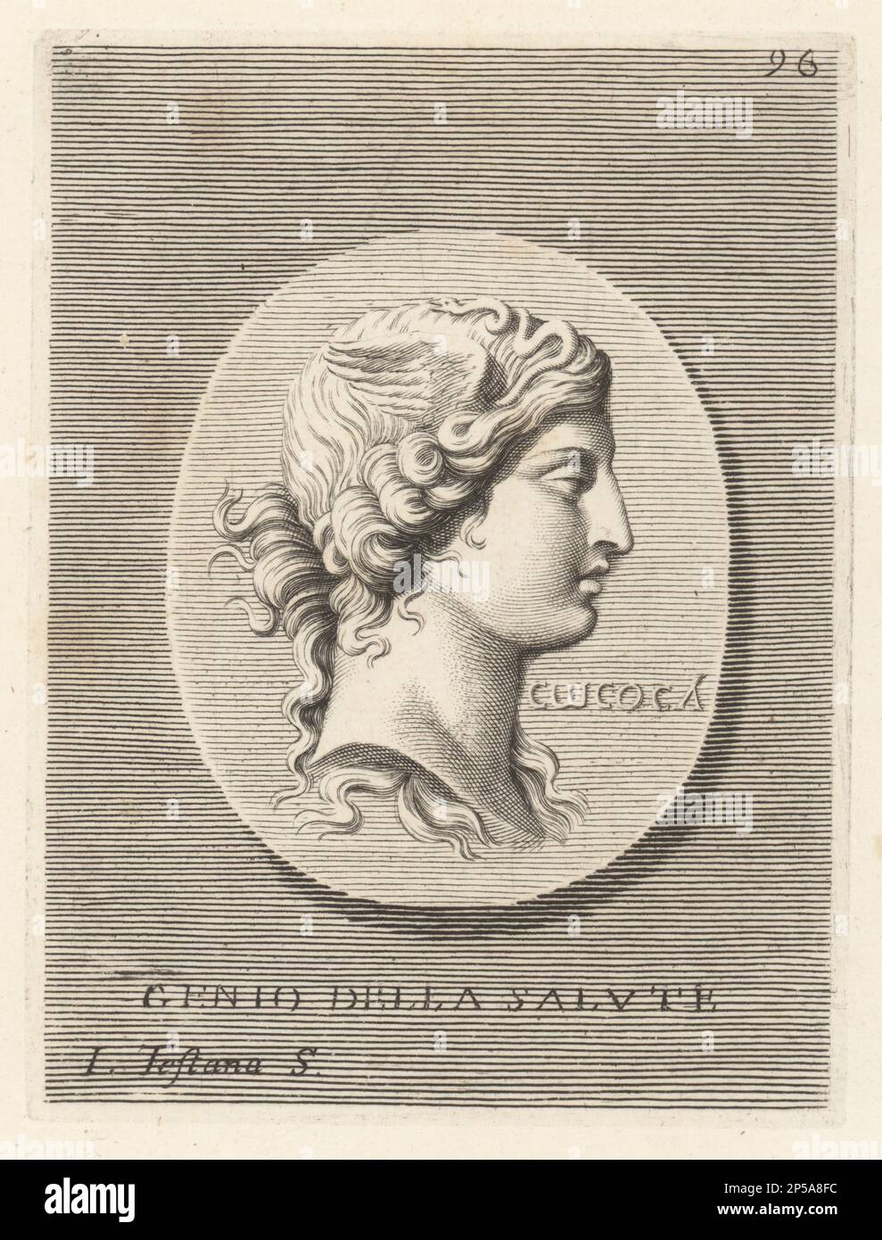 Head of an allegorical female figure of Health. A woman with her hair intricately braided like flames, as represented by the Gnostic Copts of Egypt. Testa simbolica rappresentante il Genio della Salute. Copperplate engraving by Joseph Testana after Giovanni Angelo Canini from Iconografia, cioe disegni d'imagini de famosissimi monarchi, regi, filososi, poeti ed oratori dell' Antichita, Drawings of images of famous monarchs, kings, philosophers, poets and orators of Antiquity, Ignatio de’Lazari, Rome, 1699. Stock Photo
