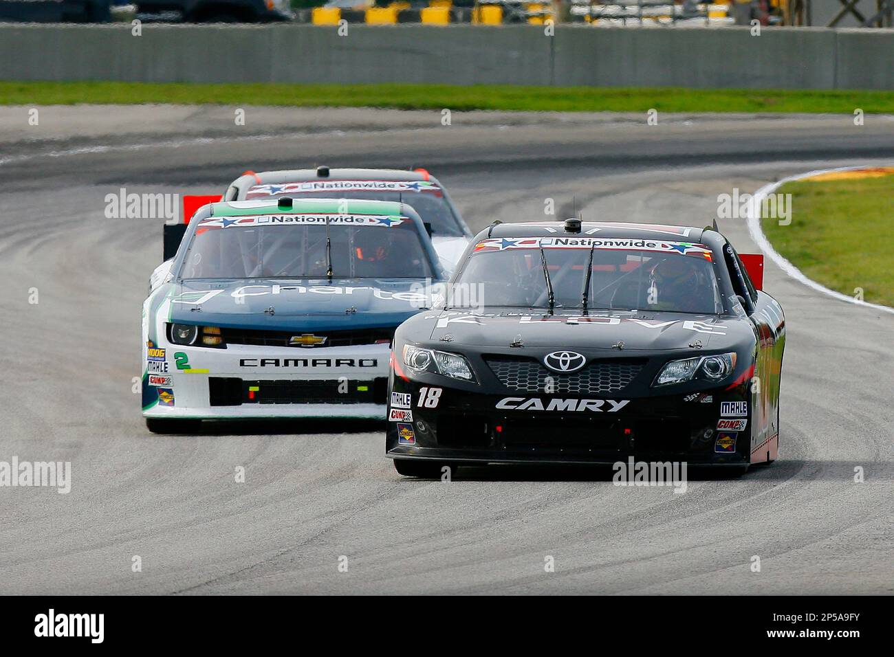 Michael McDowell (18) and Brian Scott (2) during the NASCAR Nationwide Series Johnsonville
