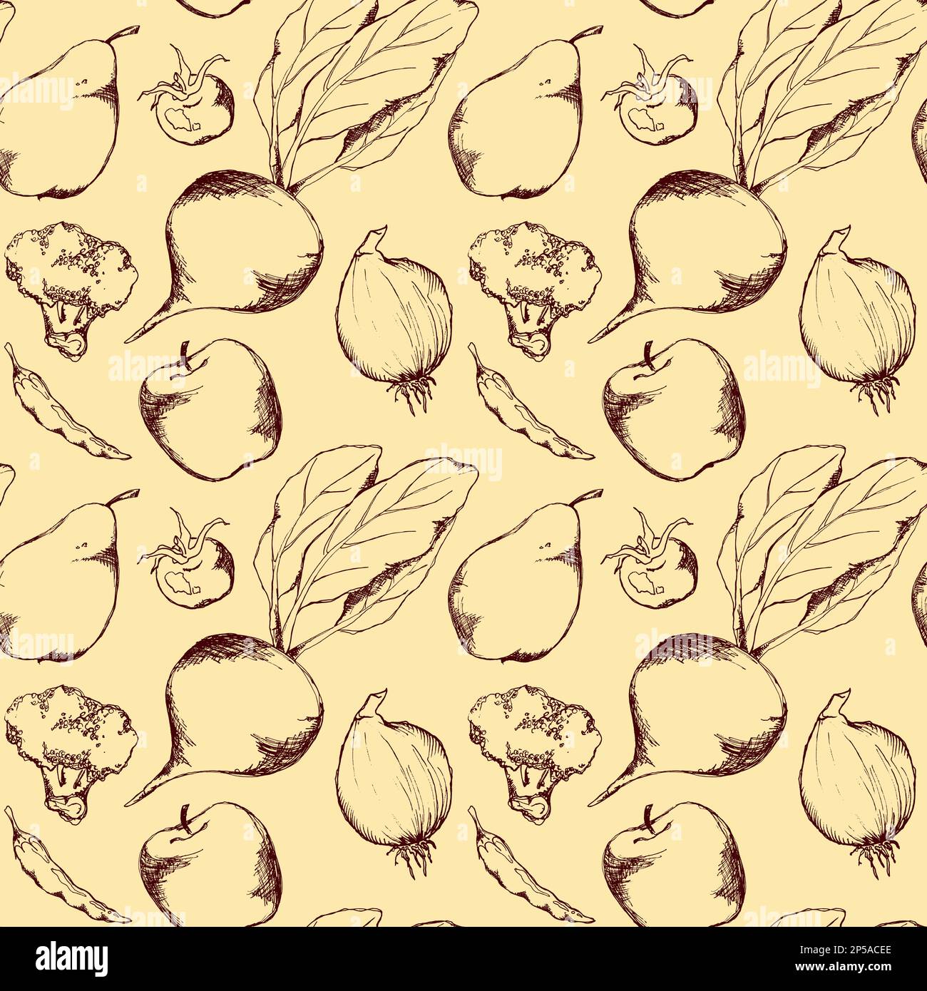 Vegetable fruit monochrome ink hand drawn seamless pattern texture background vector. Stock Vector