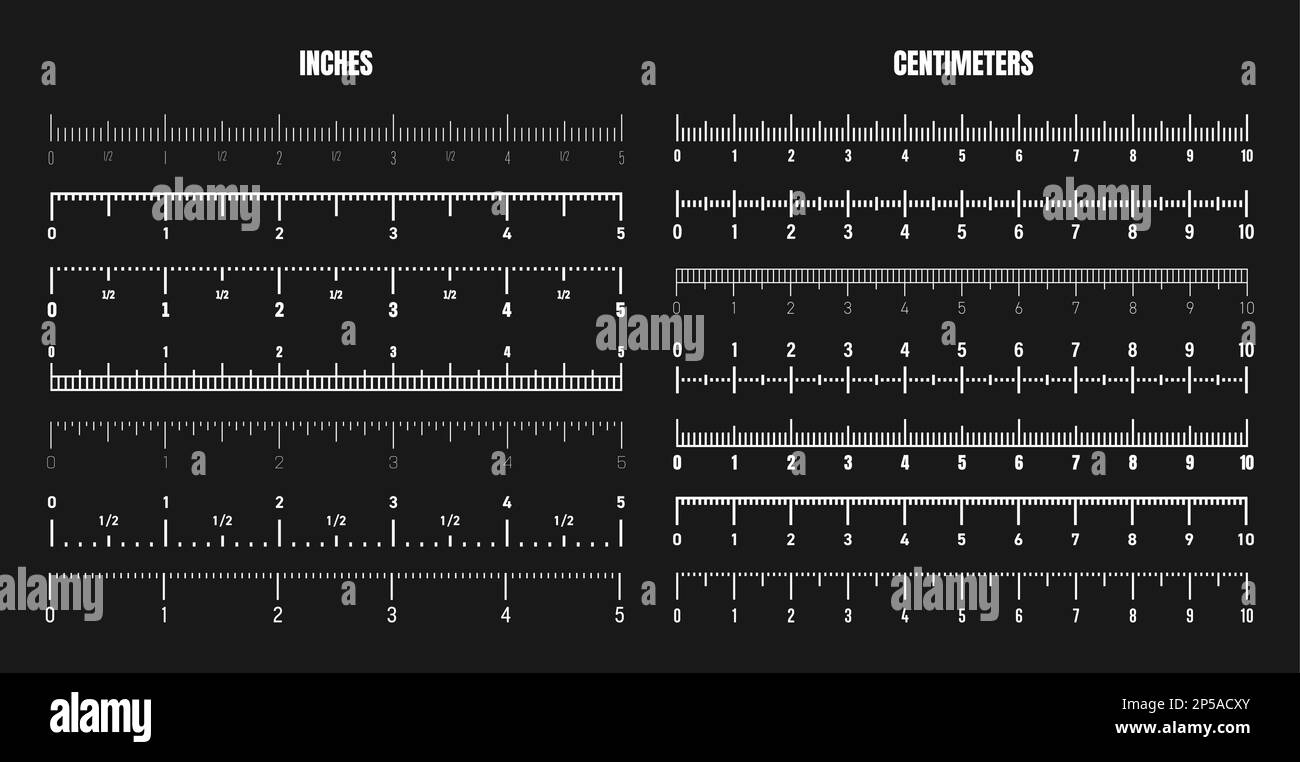 Realistic white centimeter and inch scale for measuring length or height. Various measurement scales with divisions. Ruler, tape measure marks, size Stock Vector