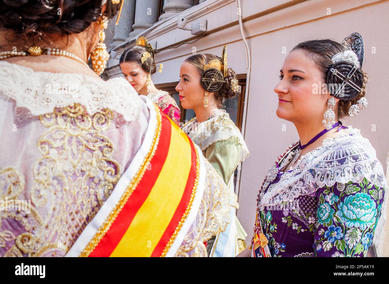 Women in Fallera Costumes,in the roof of town hall, Fallas festival ...