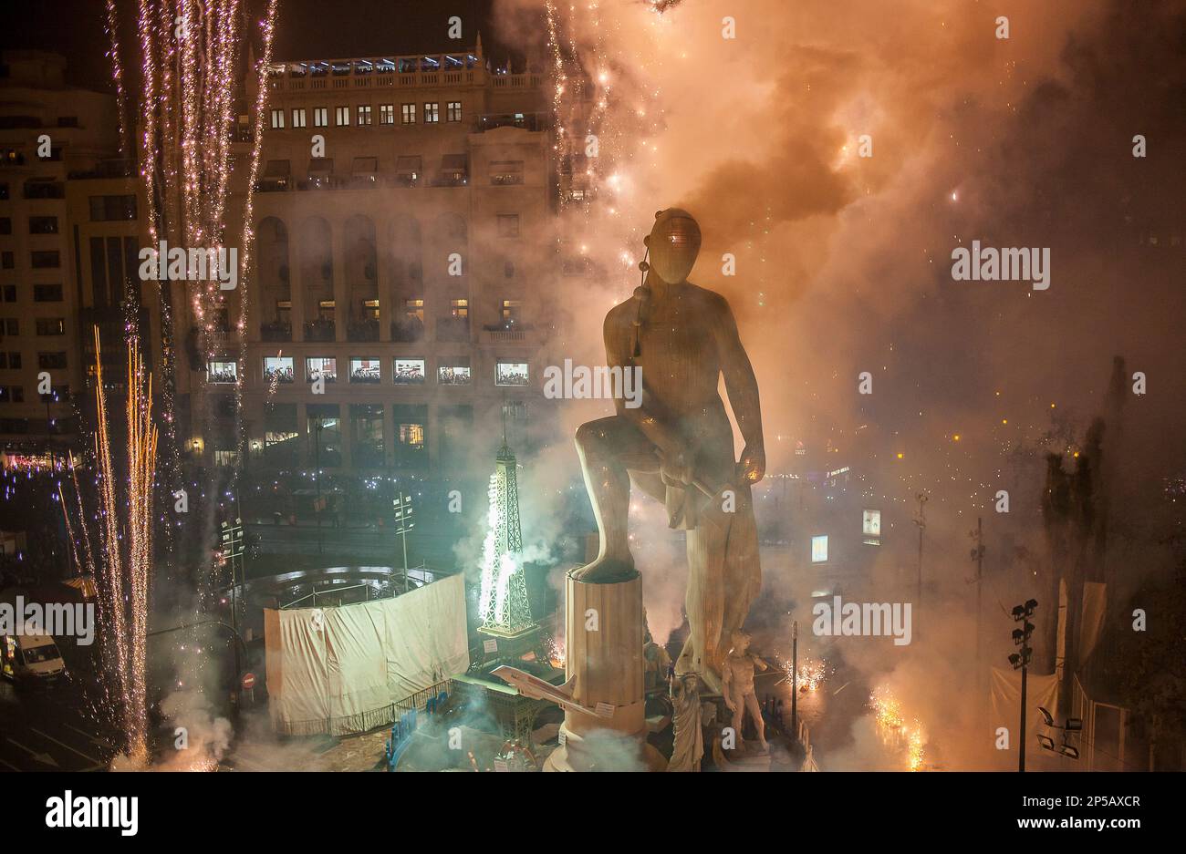 Crema, burning, Falla of Plaza del Ayuntamiento and fireworks,Fallas festival,Valencia,Spain Stock Photo