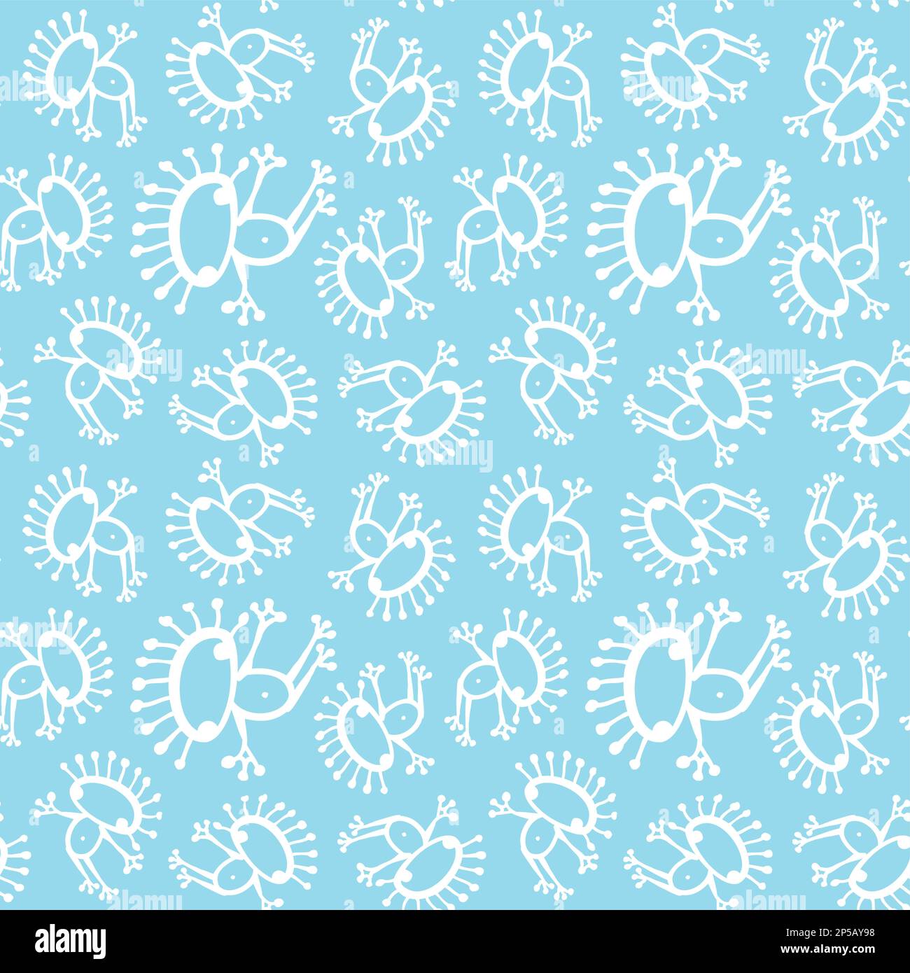 Blue white doodle alien frog baby seamless vector pattern background. Stock Vector