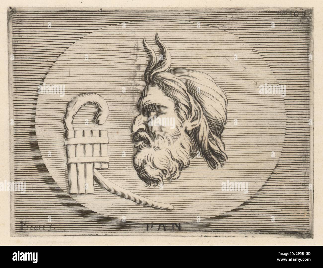 Head of the Greek god of the wild, Pan, with the syrinx or pan flute. Bust of a bearded male with goat's horns on his forehead. Pan con la siringa. Copperplate engraving by Etienne Picart after Giovanni Angelo Canini from Iconografia, cioe disegni d'imagini de famosissimi monarchi, regi, filososi, poeti ed oratori dell' Antichita, Drawings of images of famous monarchs, kings, philosophers, poets and orators of Antiquity, Ignatio de’Lazari, Rome, 1699. Stock Photo