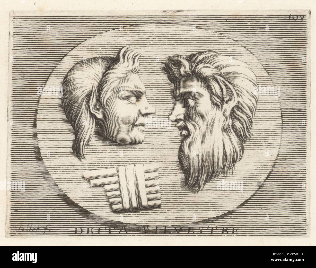 Heads of Greek woodland gods with syrinx or pan flute. Heads of a Faun, half human and half goat, and a Satyr or Silenus, bearded man with horse ears. Deita Silvestre. Copperplate engraving by Guillaume Vallet after Giovanni Angelo Canini from Iconografia, cioe disegni d'imagini de famosissimi monarchi, regi, filososi, poeti ed oratori dell' Antichita, Drawings of images of famous monarchs, kings, philosophers, poets and orators of Antiquity, Ignatio de’Lazari, Rome, 1699. Stock Photo