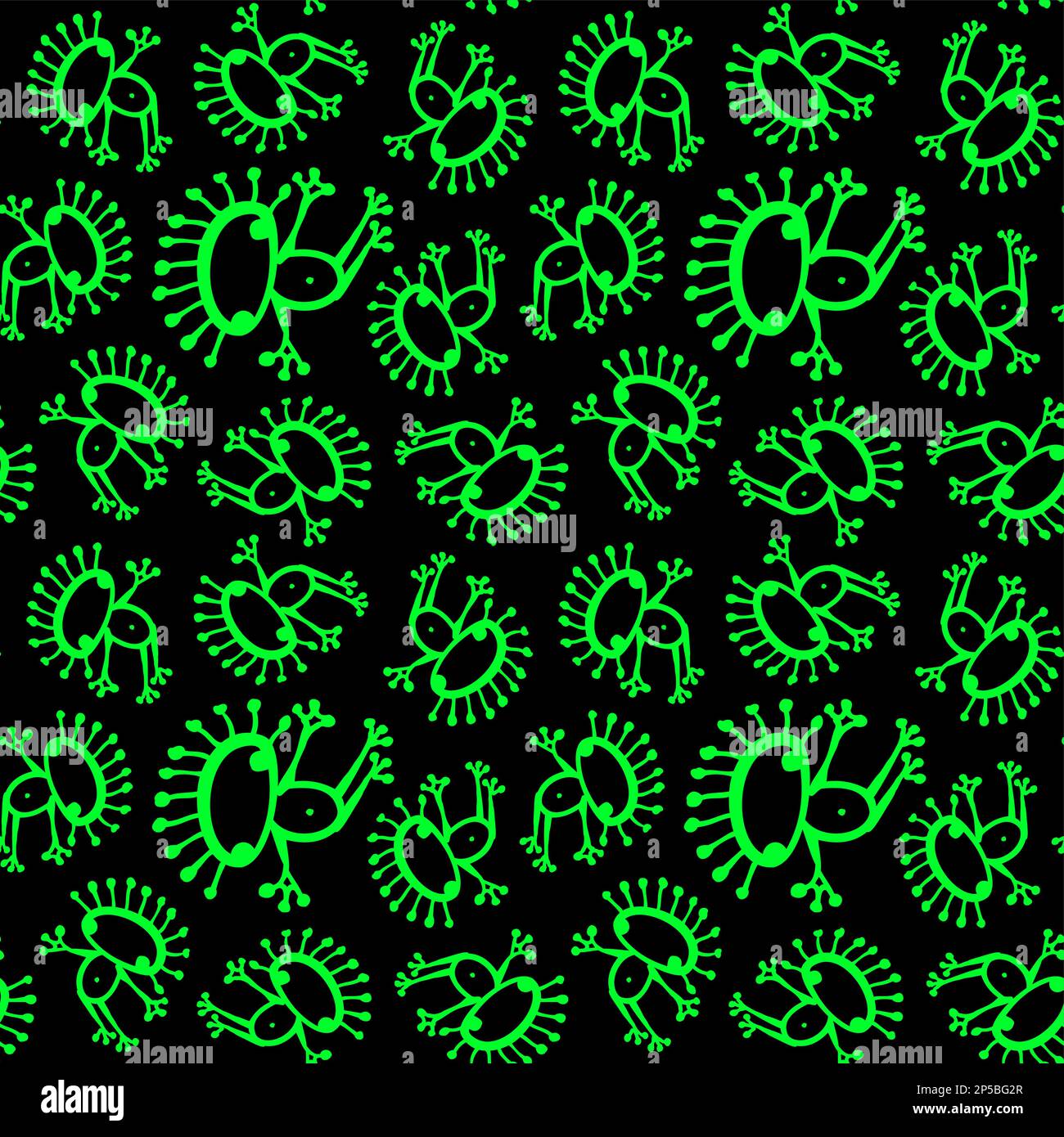Neon green black monochrome doodle alien frog seamless pattern vector. Stock Vector