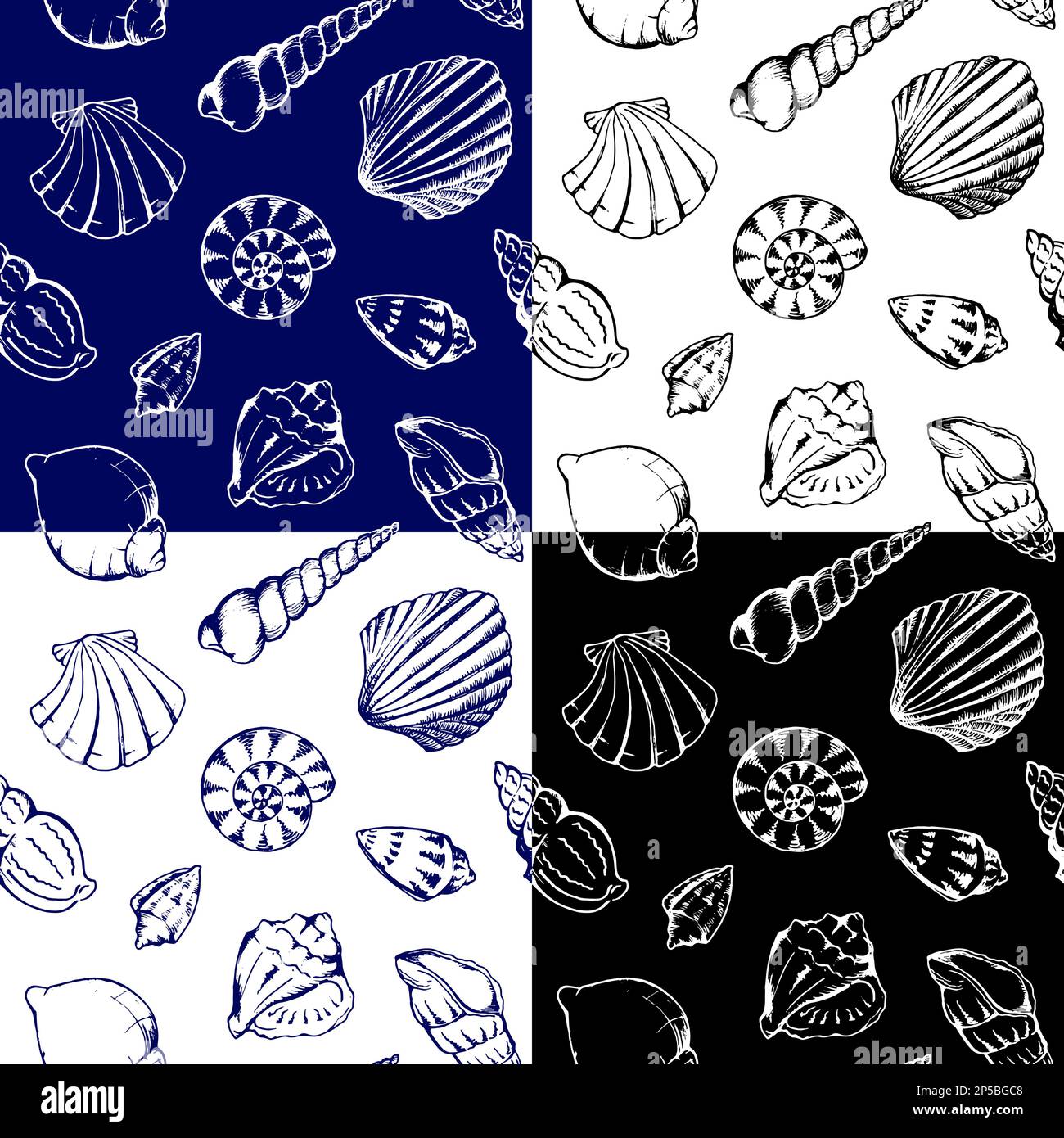 Set of monochrome sea shells seamless patterns vector. Stock Vector