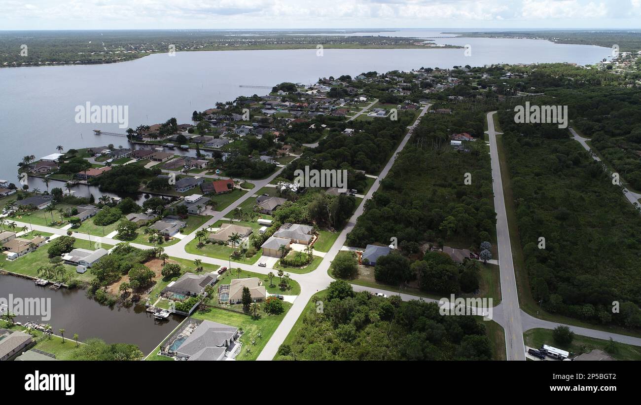 Aerial view of Gulf Cove Florida and the Myakka River waterfront homes