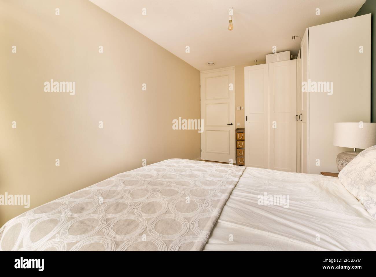 a bedroom with a bed and cupboards on the wall in front of the bed is ...