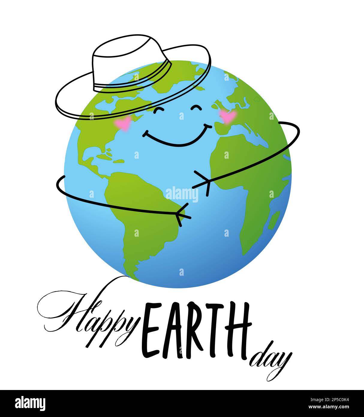 Happy Earth day. with cheerful face and hat on white background