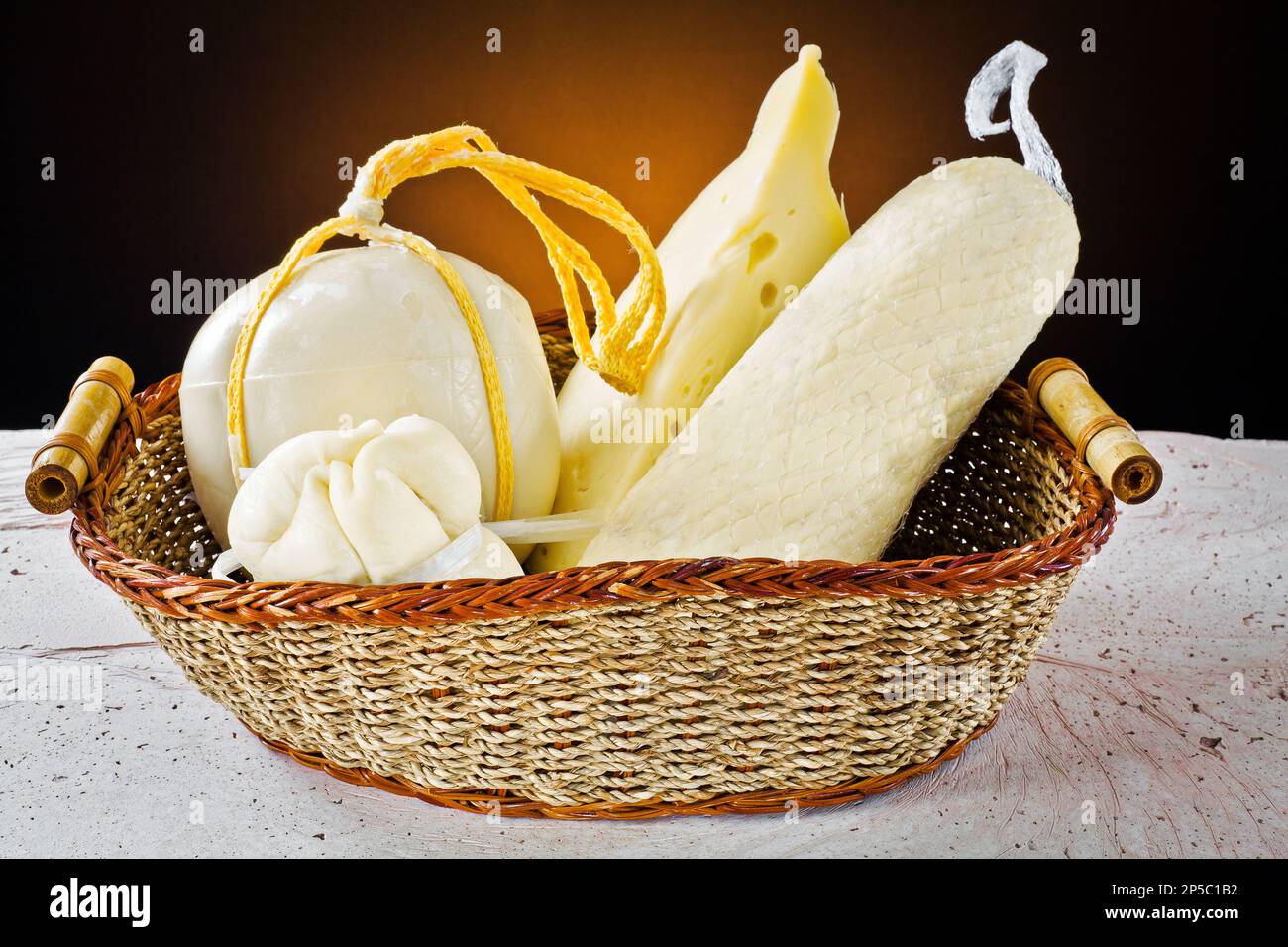 Different types of Italian cheeses scamorza, provolone and