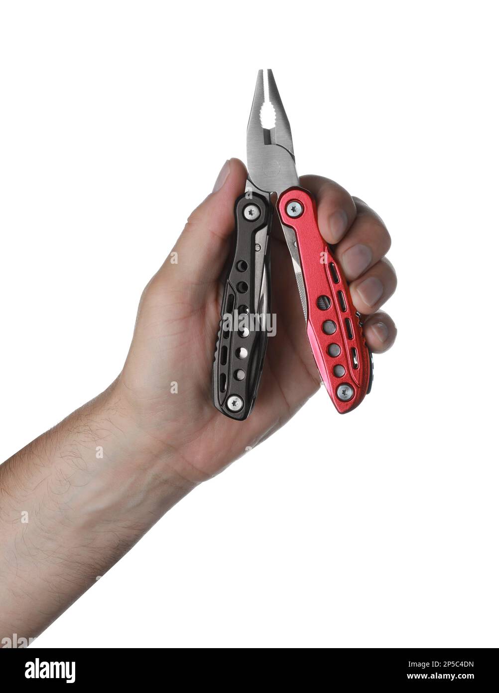 Man holding multitool on white background, closeup Stock Photo