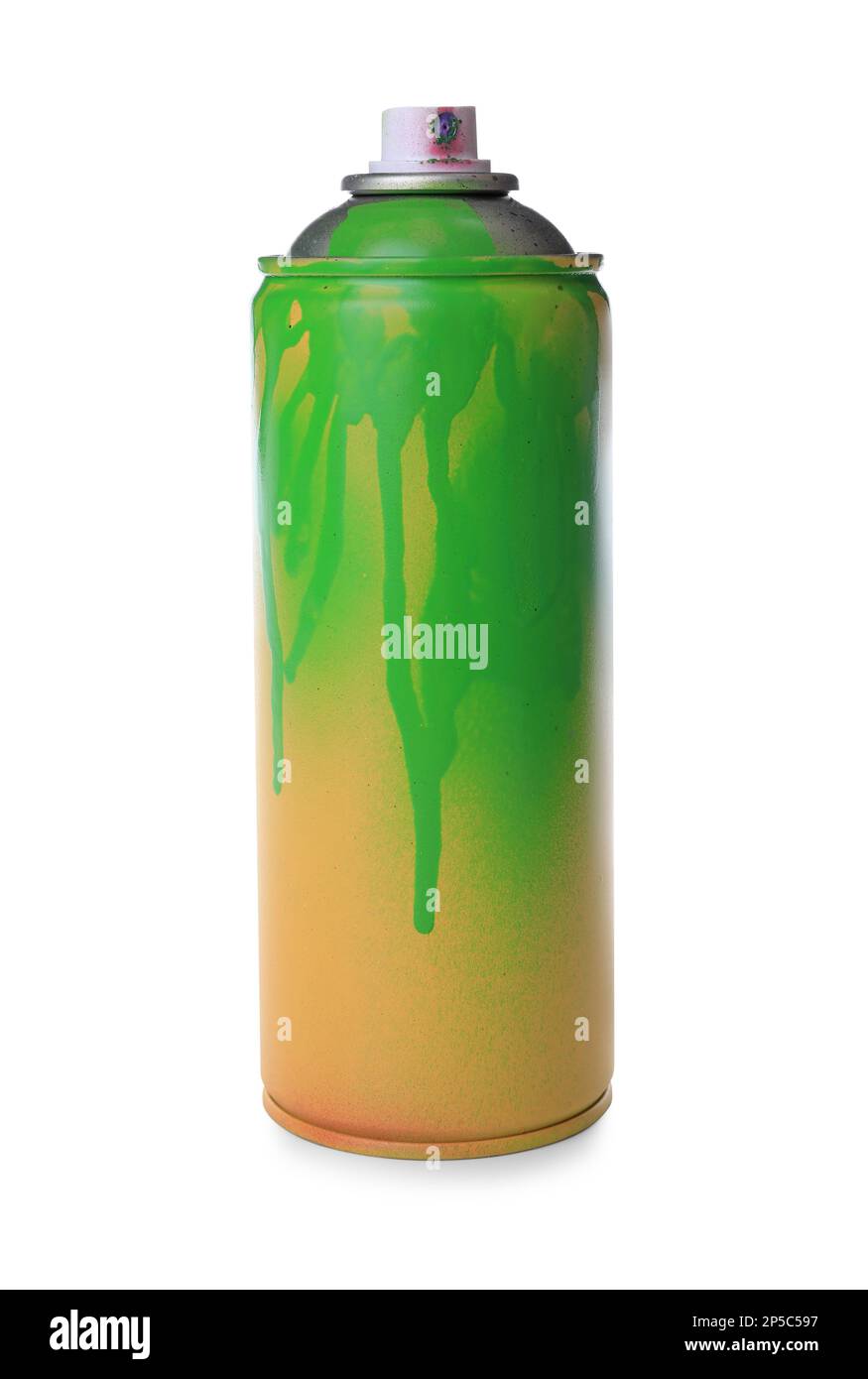 Used can of spray paint isolated on white. Graffiti supply Stock Photo