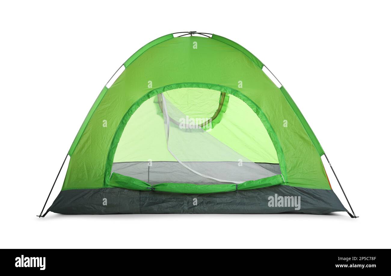 Bright green camping tent on white background Stock Photo