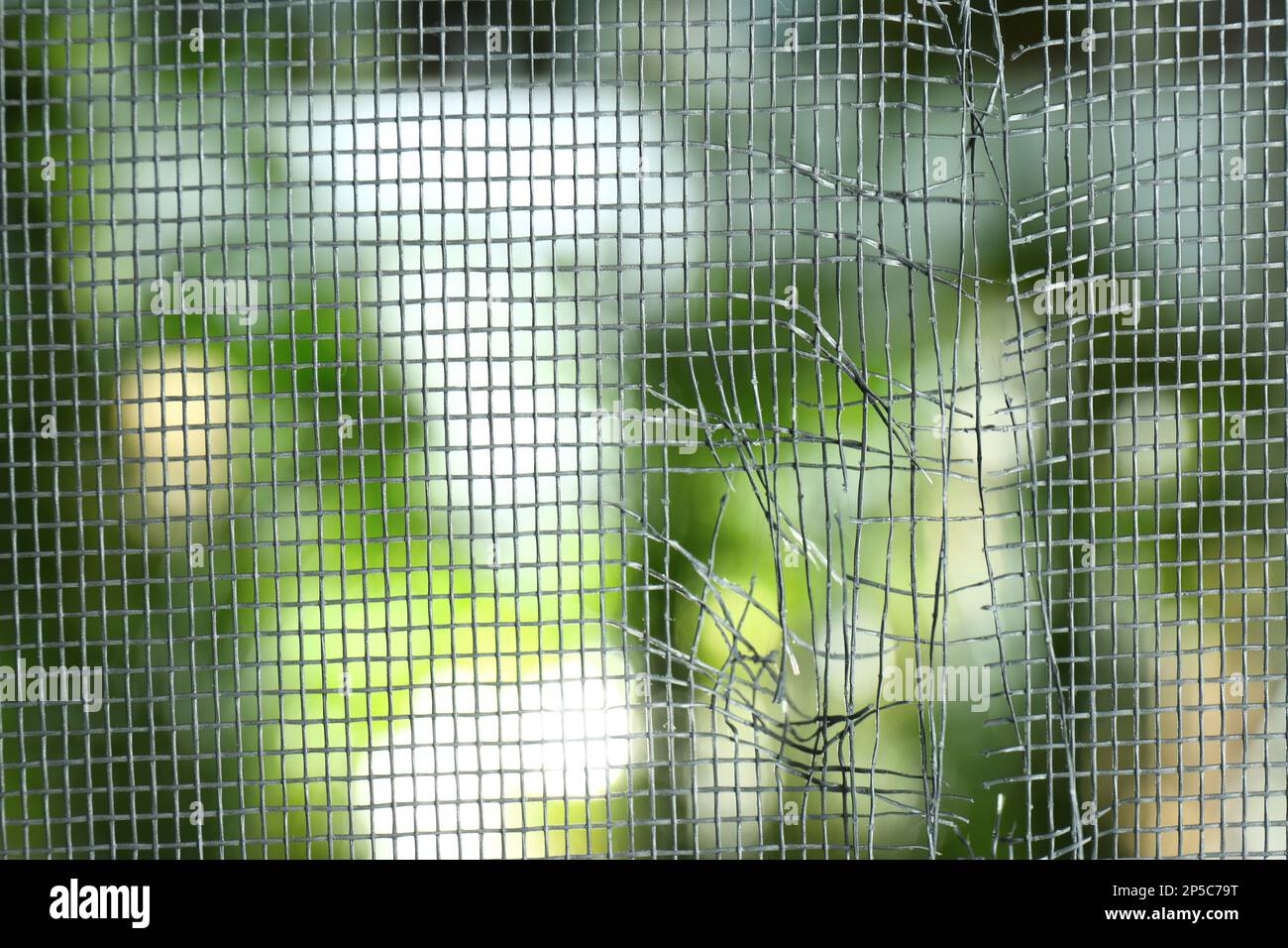 Torn window screen against blurred background, closeup Stock Photo