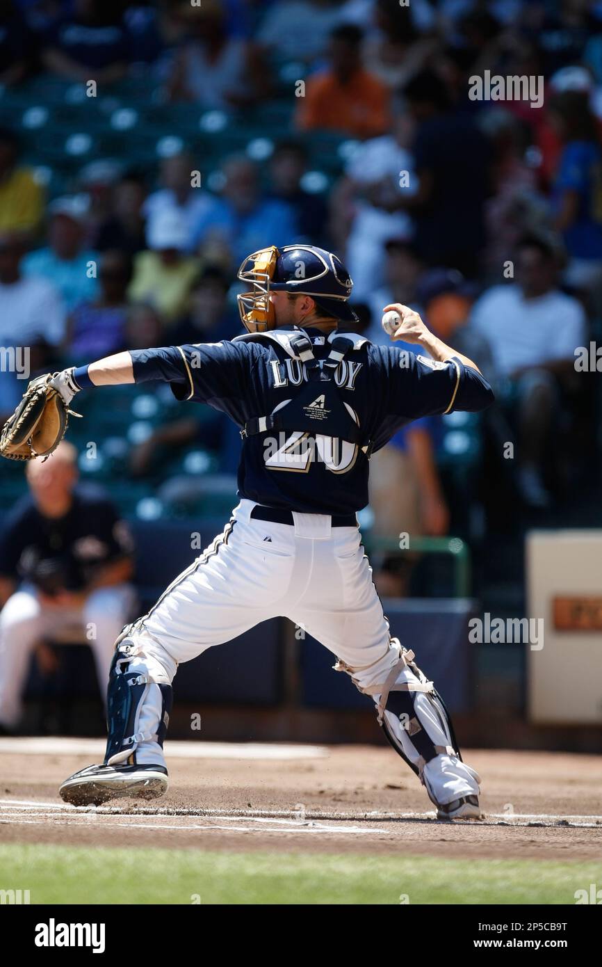 July 24, 2016: Milwaukee Brewers catcher Jonathan Lucroy #20 with his  daughter after the National Anthem and prior to the Major League Baseball  game between the Milwaukee Brewers and the Chicago Cubs