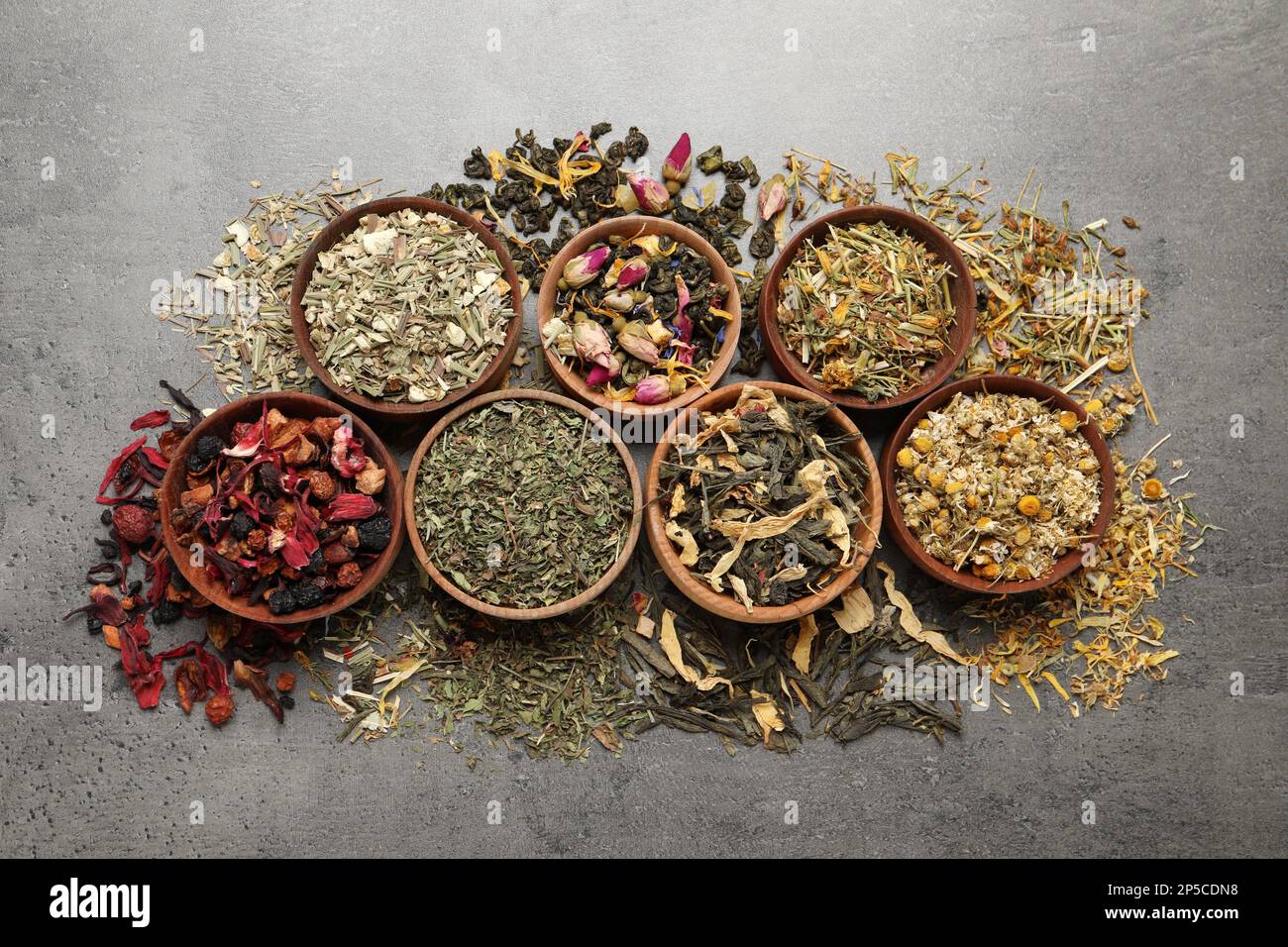 Dry Tea Flat lay composition with different dry teas on grey table Stock Photo ...