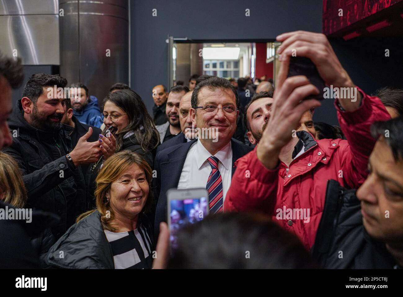 Ekrem ?mamo?lu, Mayor of Istanbul Metropolitan Municipality, takes selfies with supporters after giving his press statement. The Republican People's Party (CHP), IYI Party (IYI), Future Party (GP), Felicity Party (SP), Democracy and Progress Party (DEVA) and Democrat Party (DP), which formed the Nation Alliance in the presidential elections, will be held on May 14, 2023. In the presidential election, press release at the Saadet Party Headquarters, it was announced that the joint candidate is CHP Chairman Kemal K?l?çdaro?lu. Stock Photo
