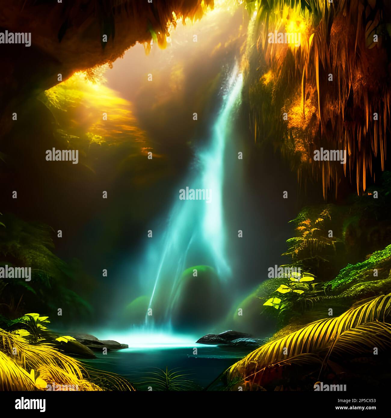 Waterfall in the Garden of Eden depiction. Edited AI generated image Stock Photo