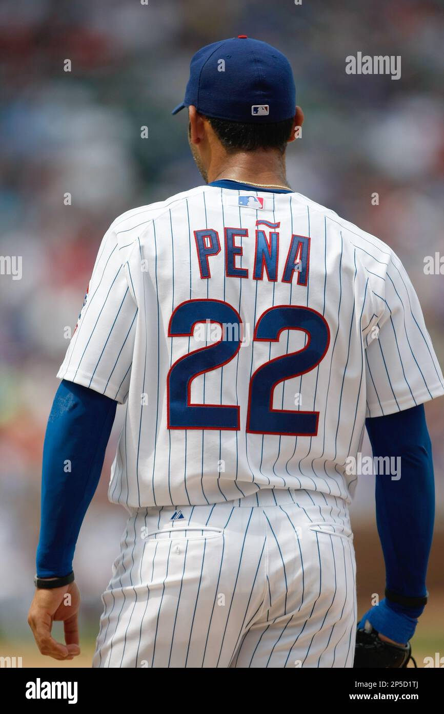 CHICAGO, IL - MAY 12: Carlos Pena #22 of the Chicago Cubs stands at first  base as a detail view of the back of his jersey can be seen against the St.