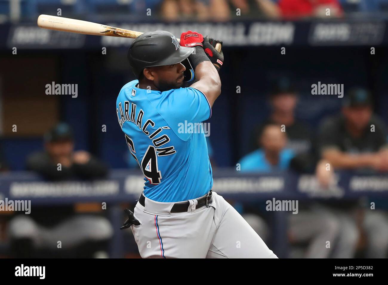 ST. PETERSBURG, FL - MARCH 06: Miami Marlins Pitcher Sandy Alcantara (22)  delivers a pitch to the plate during the MLB spring training game between  the Miami Marlins and the Tampa Bay