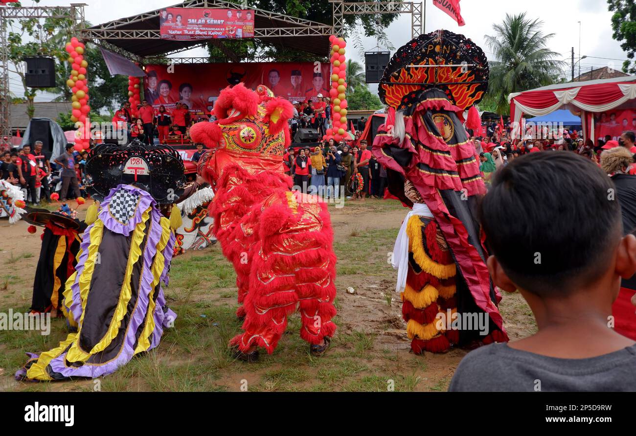 The Colorful Costumes Of Reog And Lion Dance, At The Muntok City Folk Entertainment Festival, During The Day In Muntok Stock Photo