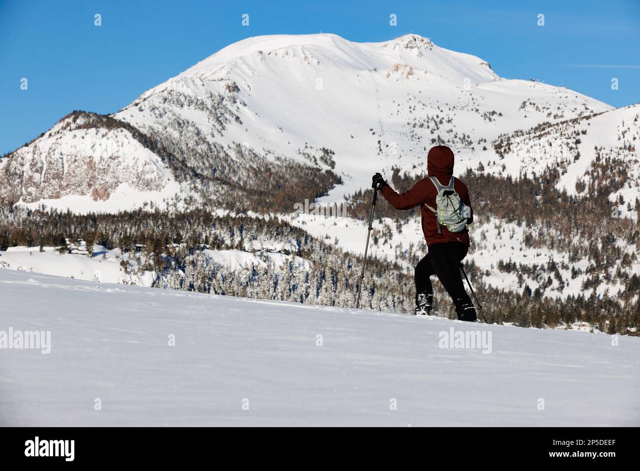 March 2, 2023. Mammoth Lakes, CA. A woman snowshoes in Mammoth Lakes, California with the Mammoth Mountain Ski Resort in the background. A recent seri Stock Photo