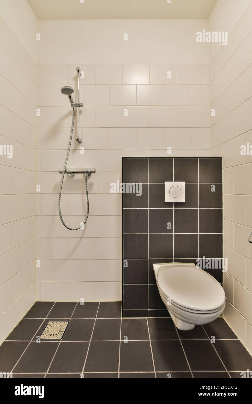 https://c8.alamy.com/comp/2P5DX12/a-modern-bathroom-with-black-and-white-tiles-on-the-floor-shower-head-and-toilet-seat-in-the-corner-2P5DX12.jpg