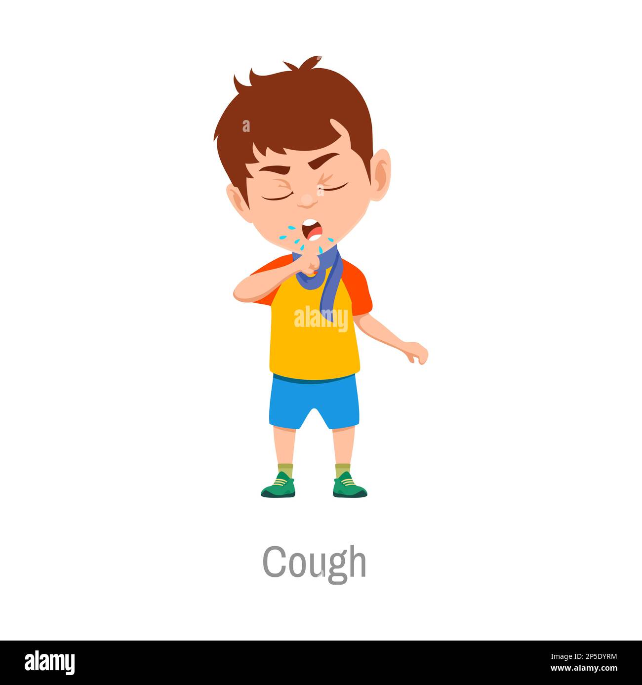 Kid cough, child with respiratory disease. Isolated vector sick boy coughing due to the cold