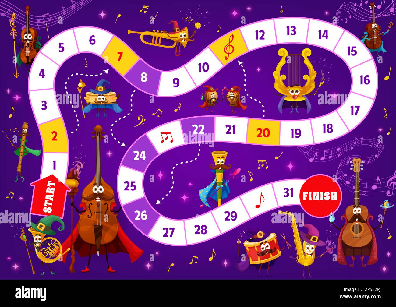 Kids board game wizard musical instrument characters, sound waves and