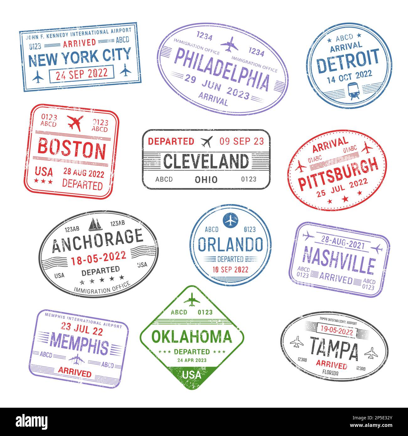 Passport travel stamps. USA cities. United States trip, immigration