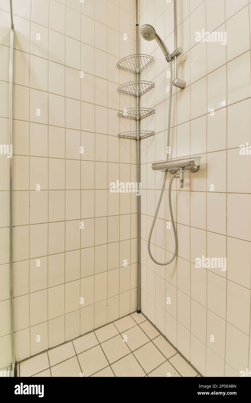 a white tiled bathroom with shower head and handrails on the wall, in