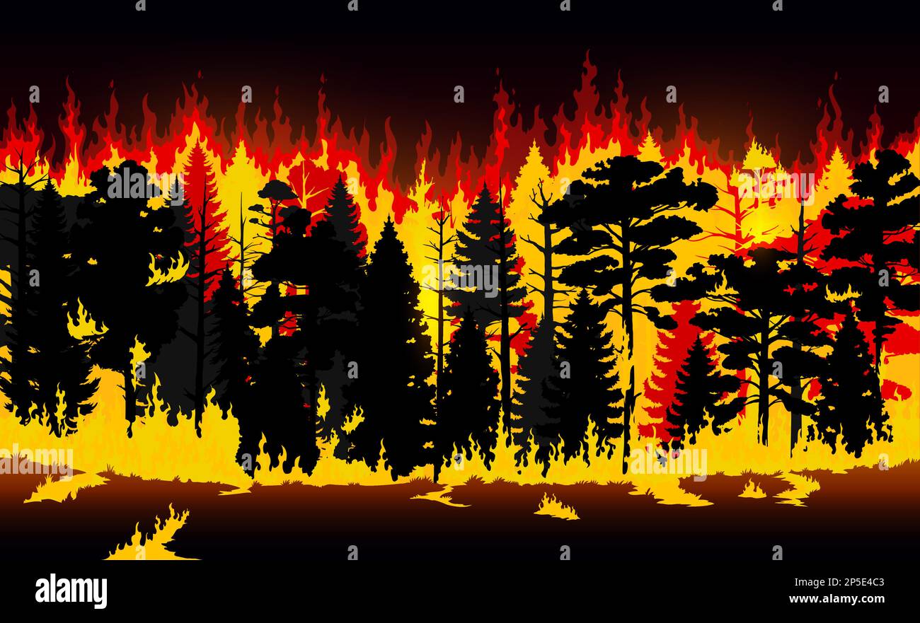 Forest fire, burning trees and grass. Vector wildfire, cartoon natural